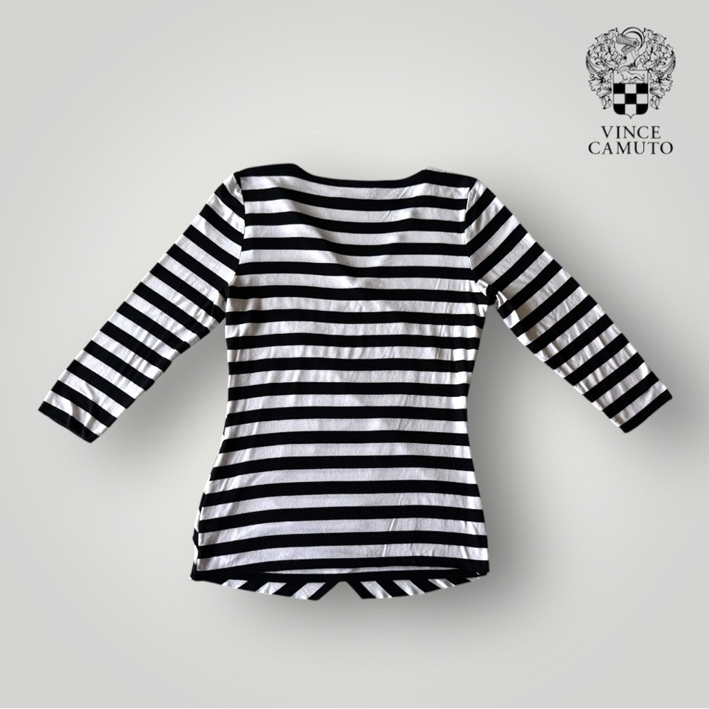 🛍️SALE🛍️ Vince Camuto Women’s Black & White Stripe Tiered Layer Crossover Top - Picture 3 of 5